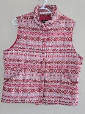 🩷 Lands' End Pink, Red & White Fair Isle Quilted Down Filled Vest - New